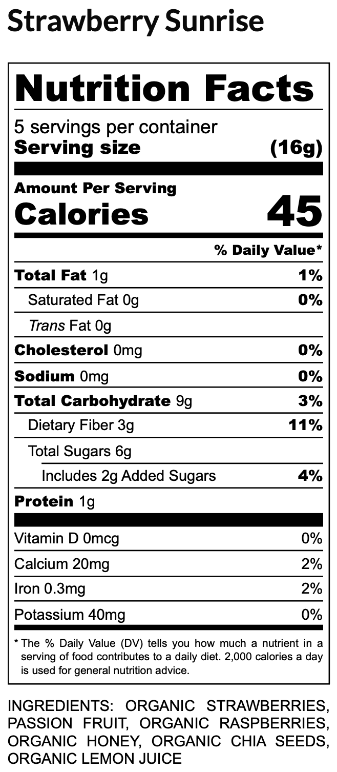 Nutrition facts label for Strawberry Sunrise fruit scrolls